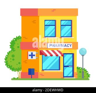 Pharmacie couleur ligne de construction concept de médecine. Le formulaire architectural peut être utilisé pour la conception de sites Web, l'infographique. Illustration de dessin animé vectoriel plat iso Illustration de Vecteur