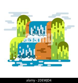 Paysage en cascade. Rivière de montagne avec cascade. Illustration de dessin animé à plan vectoriel isolée sur fond blanc. Illustration de Vecteur