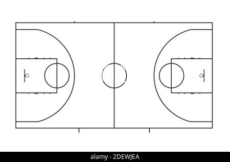 Disposition du terrain de basket-ball avec marquages. Vue de dessus. Plan noir et blanc. Illustration vectorielle isolée sur fond blanc. Style art de ligne. Illustration de Vecteur