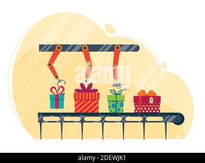 Convoyeur de cadeaux de fête. L'usine de magie emboîte cadeaux boîtes pour joyeux noël et joyeux nouvel an. Illustration plate isolée sur blanc Illustration de Vecteur