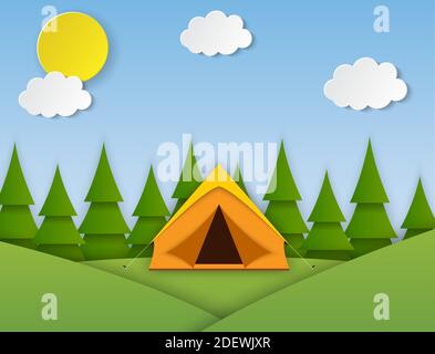 Camp d'été. Paysage avec tente jaune, Illustration de Vecteur