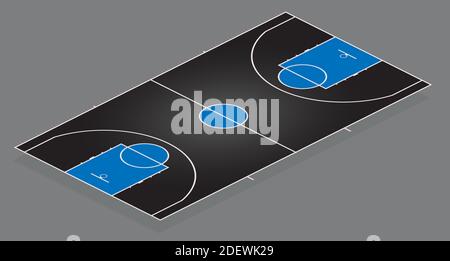 Terrain de basket-ball. Arrière-plan noir avec détails bleus. Illustration multicolore. Vue latérale en isométrie. Illustration de Vecteur