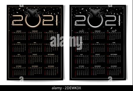 Le calendrier est défini sur 2021. Selon le calendrier chinois, l'année de l'Ox. Narines avec anneau de nez et 2021 chiffres argentés et dorés. Illustration de Vecteur
