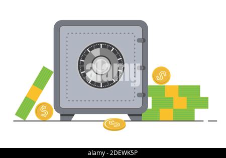 Coffre-fort bancaire avec argent et pièces. Sécurité économies d'argent et concept de protection de l'argent. Illustration vectorielle plate. Illustration de Vecteur