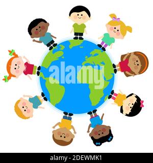 Heureux groupe diversifié d'enfants autour de la carte du monde. Groupe multiculturel d'enfants debout autour de la planète Terre. Banque D'Images
