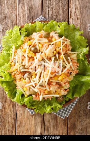 Salade de poulet brésilienne Salpicao de Frango dans l'assiette sur la table. Vue verticale du dessus Banque D'Images