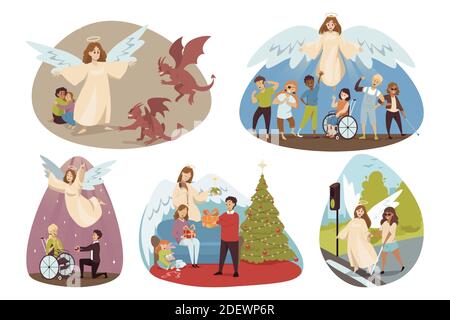 Protection, religion, concept de christianisme. Anges bibliques personnages religieux protégeant les handicapés aider les personnes handicapées les enfants vacances noël bénédiction couple pour le mariage. Soutien divin. Illustration de Vecteur