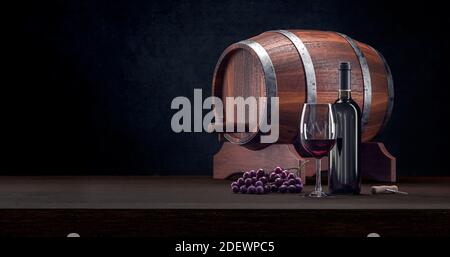 Verre de vin rouge et bouteille de luxe vintage composition. Vin culture rustique avec verre, bouteille et baril. Délicieux vin rouge en gros plan. rendu 3d. Banque D'Images