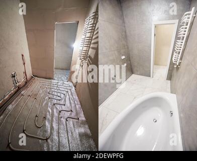 Salle de bains moderne avec sol en marbre avant et après rénovation. Comparaison entre les anciennes toilettes et les tuyaux de chauffage au sol et les nouvelles toilettes avec porte-serviettes chauffant et baignoire. Banque D'Images