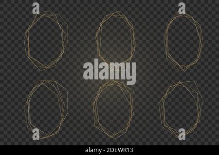 ensemble de cadres abstraits dorés pour le design tendance des invitations, des cartes de vœux, des cartes de visite, de l'impression. Lignes fines et délicates dorées de qualité supérieure, formes géométriques isolées sur fond transparent. Illustration de Vecteur