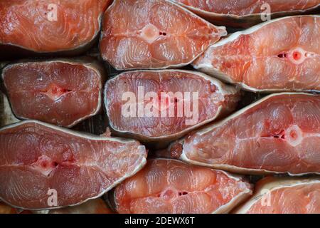 Des tranches de poisson rouge sont disposées en rangée. Résumé du saumon kéta ou saumon rose en gros plan. Toile de fond pour les produits du poisson Banque D'Images