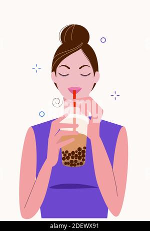 Une jeune femme boit du thé au lait. Boba tapioca à la fois populaire et célèbre boisson tapioca et perles noires. Illustration vectorielle plate de dessin animé. Illustration de Vecteur