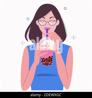 La jeune femme boit du thé au lait moussant rose. Boba tapioca à la fois populaire et célèbre boisson tapioca et perles noires. Illustration vectorielle plate de dessin animé. Illustration de Vecteur