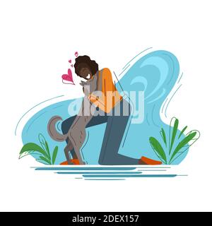 Amour pour les animaux de compagnie. Illustration tendance. Joyeuse femme africaine embrassant un chien sur un fond abstrait. Aider les animaux sans abri. illust à plat vectoriel Illustration de Vecteur