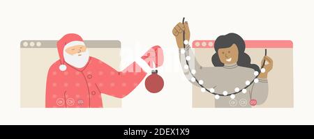 Un homme et une femme font un appel vidéo. Le Père Noël et une femme décorent un arbre de Noël. Concept de la distance célébrant Noël et le nouvel an Illustration de Vecteur