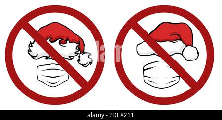 Chapeau de père Noël de fête avec masque comme signe d'interdiction. Interdire les jours fériés de quarantaine. Interdiction du nouvel an et de Noël. Signe vectoriel pour les logos Illustration de Vecteur