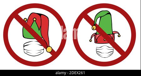 Chapeaux elf de bande dessinée festive avec masque comme signe d'interdiction. Interdire les jours fériés de quarantaine. Interdiction du nouvel an et de Noël. Signe vectoriel pour logos, badges Illustration de Vecteur