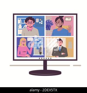 Vidéoconférence et travail à distance sur ordinateur. Restez et travaillez de chez vous. Chat en ligne ou streem entre collègues et employés. Illustration de Vecteur