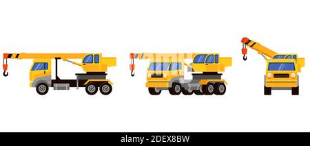 Grue de camion sous différents angles. Machines spéciales de style dessin animé. Illustration de Vecteur