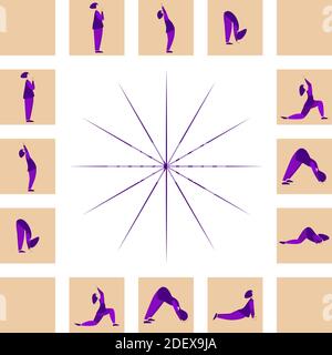 Saluez le San. Femme faisant des exercices. Ensemble de poses de yoga. Illustration de Vecteur