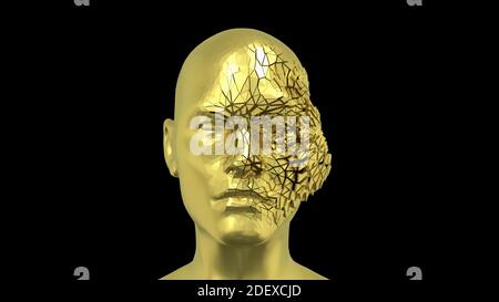 Abstrait Human Head diffusion en pièces, visage doré ou sculpture avec réflexions réalistes de la lumière de l'environnement, haute qualité 4K, rendu 3D Banque D'Images