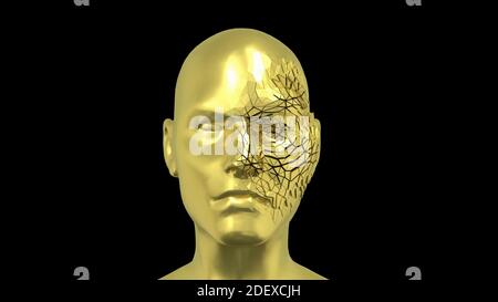 Abstrait Human Head diffusion en pièces, visage doré ou sculpture avec réflexions réalistes de la lumière de l'environnement, haute qualité 4K, rendu 3D Banque D'Images