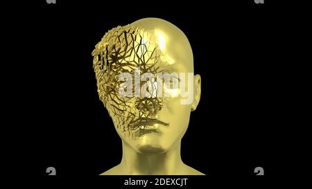 Abstrait Human Head diffusion en pièces, visage doré ou sculpture avec réflexions réalistes de la lumière de l'environnement, haute qualité 4K, rendu 3D Banque D'Images
