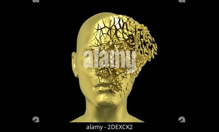 Abstrait Human Head diffusion en pièces, visage doré ou sculpture avec réflexions réalistes de la lumière de l'environnement, haute qualité 4K, rendu 3D Banque D'Images
