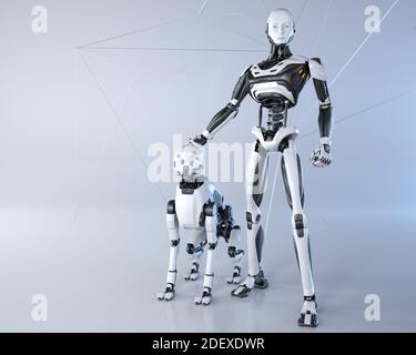 Robot et son chien posé sur un fond gris clair. Illustration 3D Banque D'Images