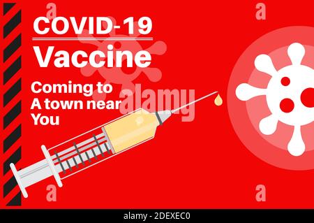 Le vaccin Covid-19 approuvé arrive dans une ville près de chez vous cette illustration vectorielle de Noël avec le logo du virus sur fond rouge. Illustration de Vecteur