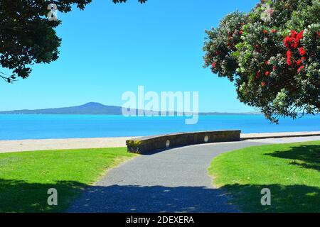 Vue sur la plage de St Heliers Bay avec l'île Rangitoto arrière-plan Banque D'Images