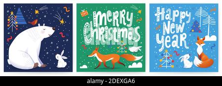 Banderoles de médias sociaux de Noël en style scandinave nordique dessinées à la main avec des animaux mignons. Illustration de Vecteur