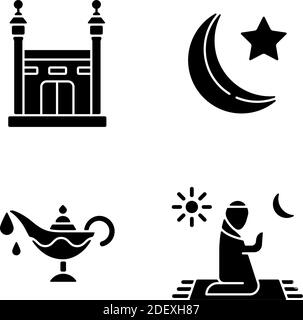 Rituels religieux traditionnels musulmans symboles de glyphe noir sur blanc espace Illustration de Vecteur