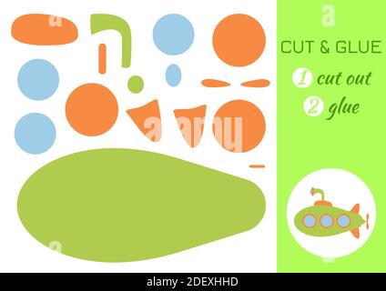 Couper et coller le sous-marin en papier. Jeu d'application de découpe de papier couleur. Jeu éducatif pour les enfants d'âge préscolaire. Fiche d'activité DIY. Jeux d'art pour enfants et Illustration de Vecteur