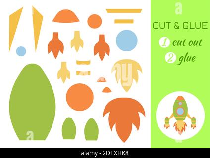 Couper et coller la fusée en papier. Jeu d'application de découpe de papier couleur. Jeu éducatif pour les enfants d'âge préscolaire. Fiche d'activité DIY. Illustration de Vecteur
