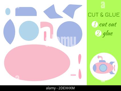 Couper et coller le sous-marin en papier. Jeu d'application de découpe de papier couleur. Jeu éducatif pour les enfants d'âge préscolaire. Fiche d'activité DIY. Illustration de Vecteur