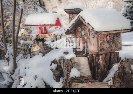 Maisons d'oiseaux couvertes d'une couche de neige fraîche pour une scène d'hiver pittoresque Banque D'Images
