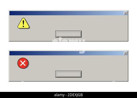 Ancienne fenêtre de l'ordinateur avec message d'erreur. Interface pc rétro avec problème ou glitch, alerte navigateur web vintage, bug système logiciel. vecteur d'écran des années 90 Illustration de Vecteur