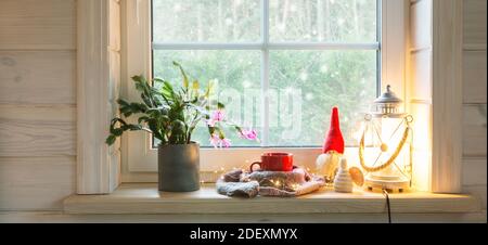 Lanterne de Noël, Ange, gnome de Noël, Cactus de Noël et mug rouge sur la fenêtre d'une maison en bois donnant sur le jardin d'hiver. Banque D'Images