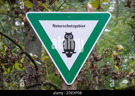 Schild, Naturschutzgebiet, Wald, Spandauer Forst, Hakenfelde, Spandau, Berlin, Allemagne Banque D'Images