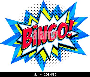 Bingo - bannière vectorielle bleue de loterie. Fond de jeu de loterie dans le style pop-art Comic. Illustration vectorielle de dessin animé. Illustration de Vecteur