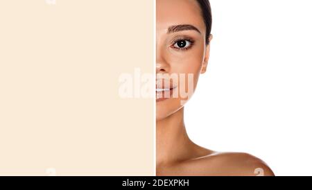 Publicité pour les soins de la peau. portrait de beauté femme de race mixte avec une peau de visage fraîche et éclatante naturelle Banque D'Images