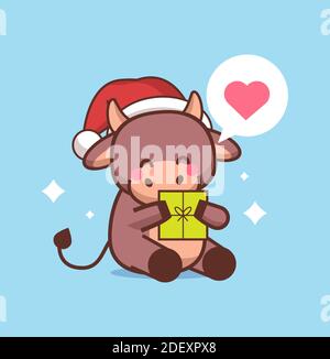 petit boeuf dans le chapeau de père noël tenant boîte cadeau happy chinese nouvelle année 2021 carte de voeux mignon vache mascotte personnage de dessin animé illustration vectorielle pleine longueur Illustration de Vecteur