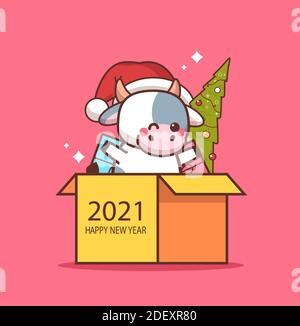 petit boeuf dans chapeau de père noël assis dans boîte de carton chinois bonne année 2021 carte de voeux mignon vache mascotte dessin animé illustration vectorielle pleine longueur de caractères Illustration de Vecteur