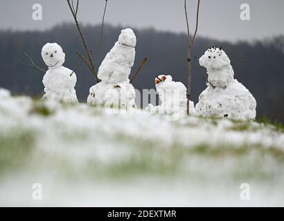 Balkhausen, Allemagne. 02e décembre 2020. Quatre bonhommes de neige se trouvent sur un champ enneigé près de Balkhausen, dans le parc naturel Bergstraße/Odenwald. Juste à temps pour le début météorologique de l'hiver le 1er décembre, la neige a transformé Hessen en un pays merveilleux d'hiver. Credit: Arne Dedert/dpa/Alay Live News Banque D'Images