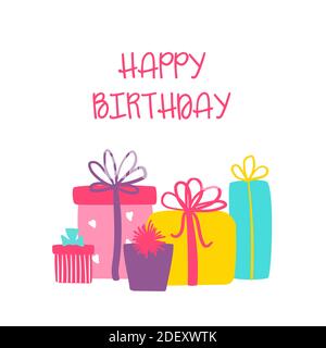 Carte de voeux à motif joyeux anniversaire avec boîtes-cadeaux mignons. Carte minimale pour l'impression Illustration de Vecteur