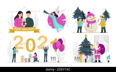 Vecteur de brut. Joyeux Noël et bonne année 2021, ensemble de quatre illustrations pour les vacances Illustration de Vecteur