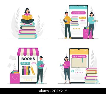 Amateur de livres, lecture, concept de bibliothèque. Personnages de dessin animé sans visage, hommes et femmes, ensemble de quatre poses. Illustration du vecteur de stock Illustration de Vecteur