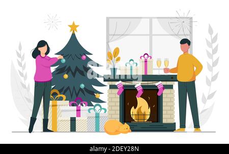 Vecteur de brut. Joyeux Noël et Bonne Année. Couple se préparant pour la fête. Illustration vectorielle Illustration de Vecteur