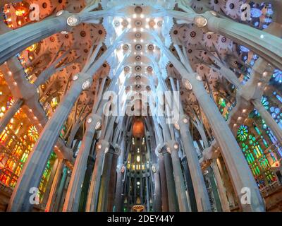 LE plafond DE BARCELONE et les colonnes de la basilique i Temple Expiatori De la Sagrada Familia (Basilique et église d'Expiatoire de la Sainte famille) à Barcelone Banque D'Images
